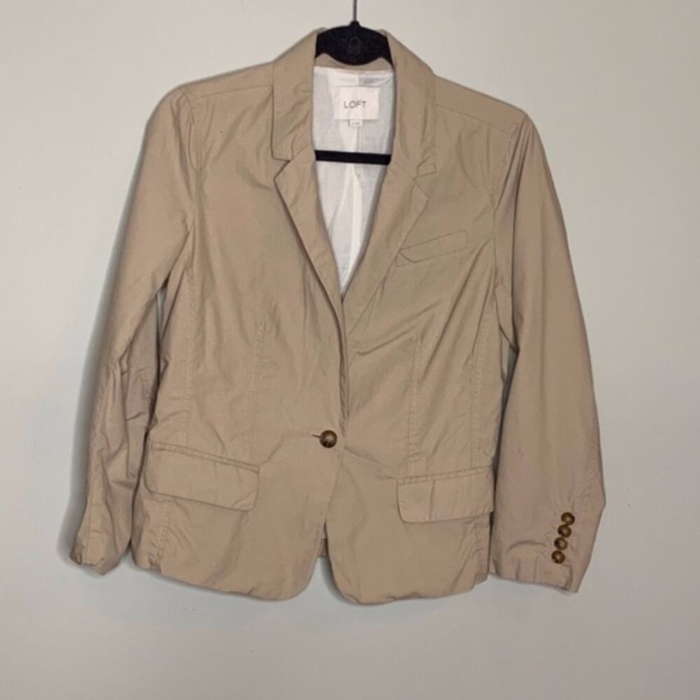 LOFT Blazer Women‎ 6 Khaki Tan Peplum Ruffle Back Single Button Cotton Jacket